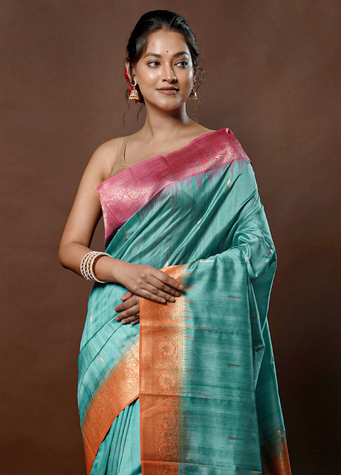 Blue Tussar Silk Saree With Blouse Piece - Indian Silk House Agencies