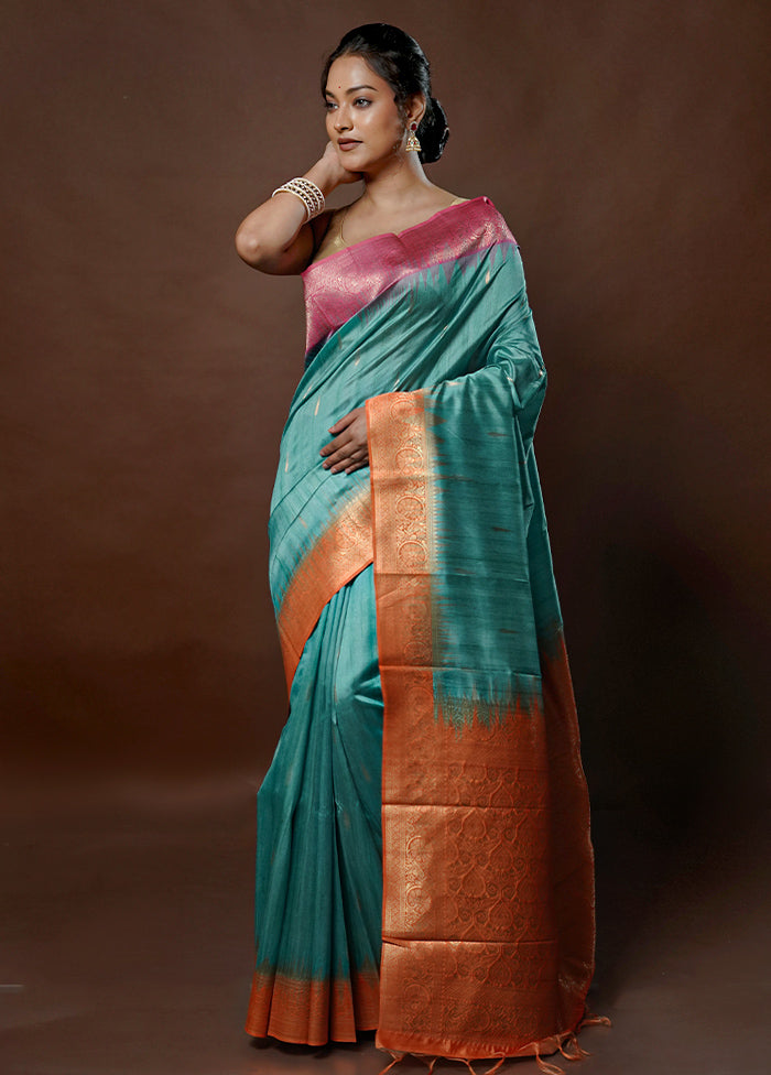 Blue Tussar Silk Saree With Blouse Piece