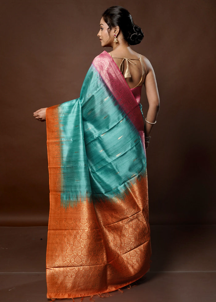 Blue Tussar Silk Saree With Blouse Piece - Indian Silk House Agencies