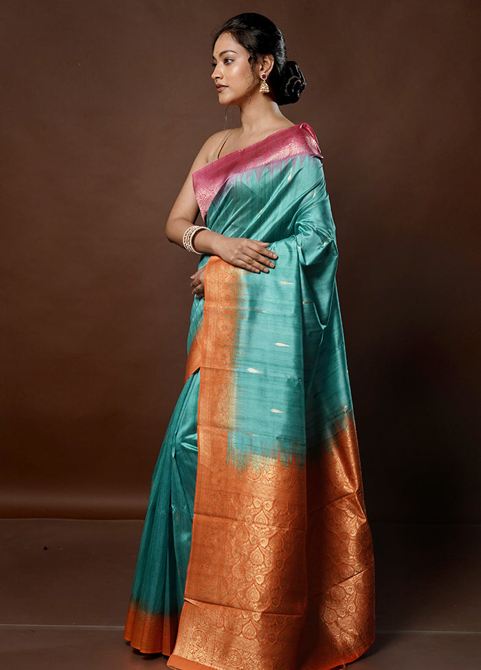 Blue Tussar Silk Saree With Blouse Piece - Indian Silk House Agencies