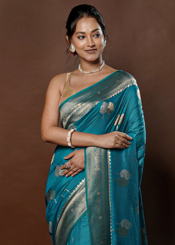 Blue Dupion Silk Saree With Blouse Piece