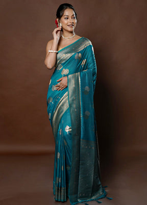 Blue Dupion Silk Saree With Blouse Piece