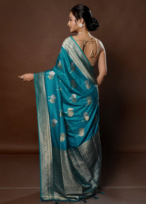 Blue Dupion Silk Saree With Blouse Piece