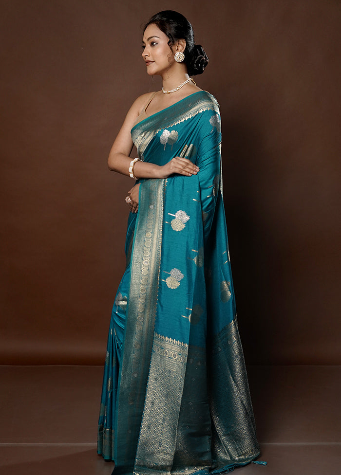 Blue Dupion Silk Saree With Blouse Piece