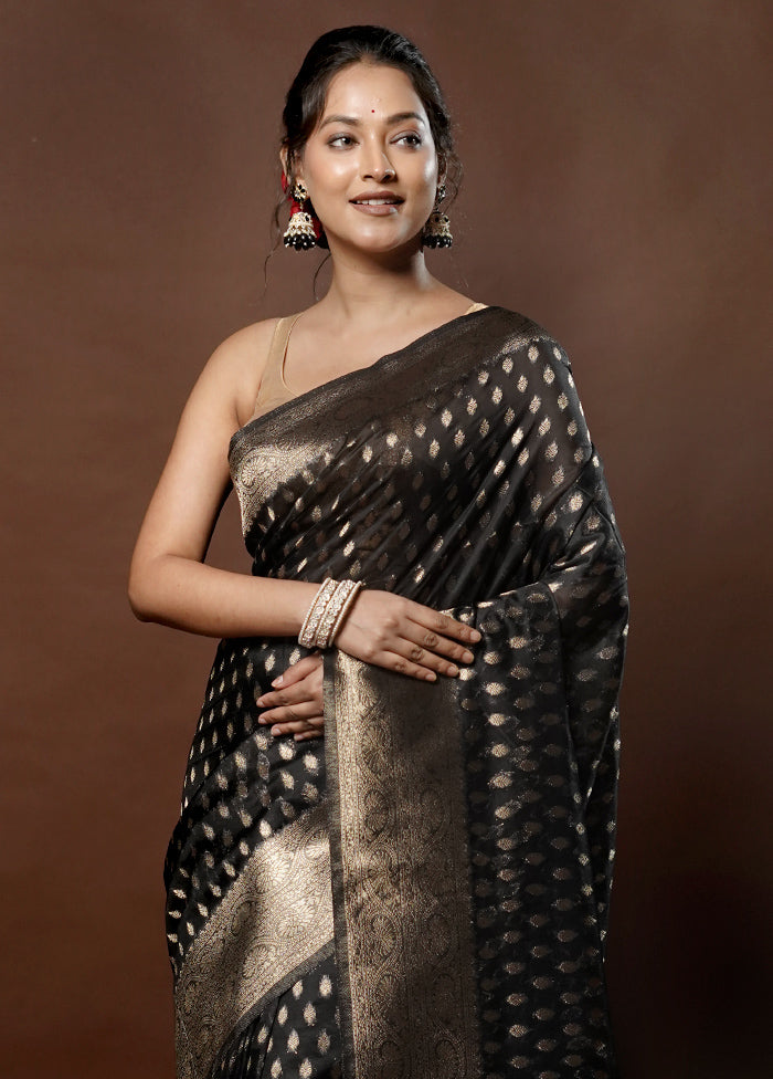 Black Dupion Silk Saree With Blouse Piece - Indian Silk House Agencies