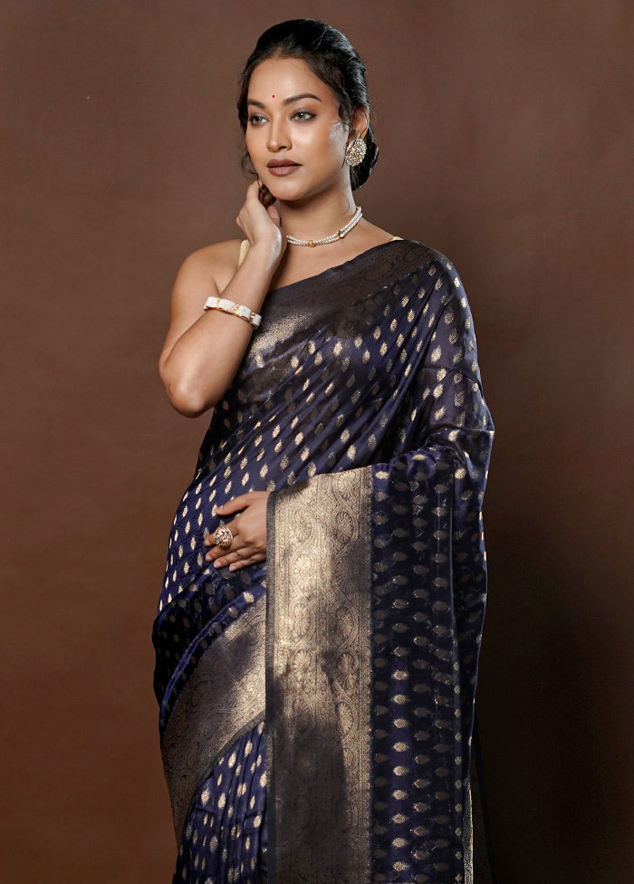 Blue Dupion Silk Saree With Blouse Piece