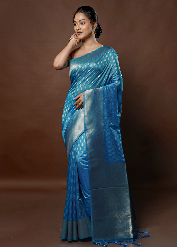 Blue Dupion Silk Saree With Blouse Piece