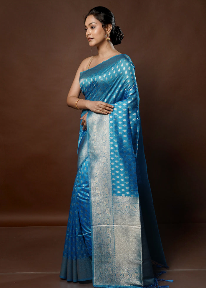 Blue Dupion Silk Saree With Blouse Piece - Indian Silk House Agencies