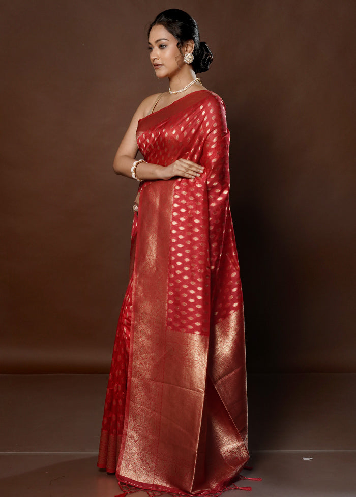 Red Dupion Silk Saree With Blouse Piece