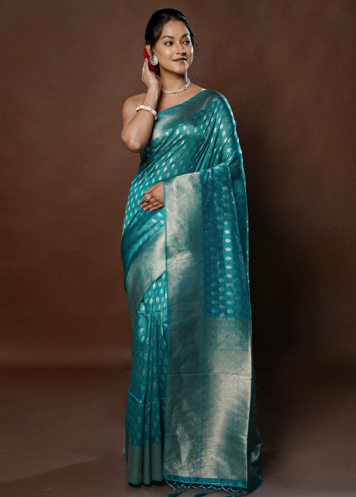 Blue Dupion Silk Saree With Blouse Piece