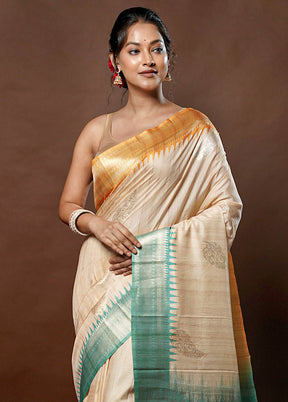 Cream Tussar Silk Saree With Blouse Piece