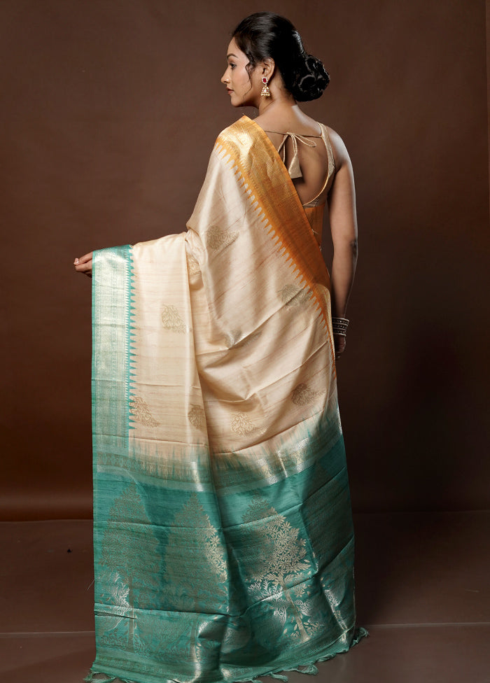 Cream Tussar Silk Saree With Blouse Piece - Indian Silk House Agencies