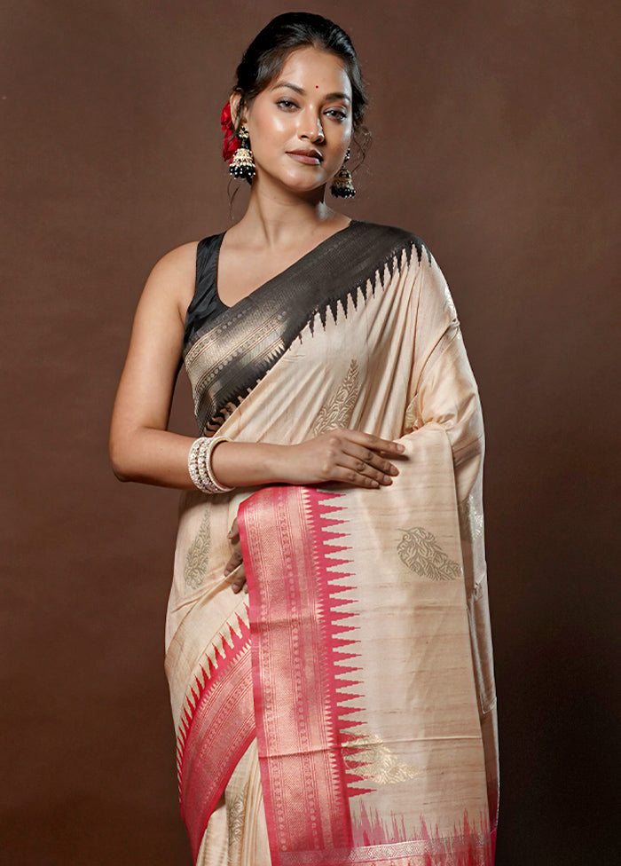 Cream Tussar Silk Saree With Blouse Piece