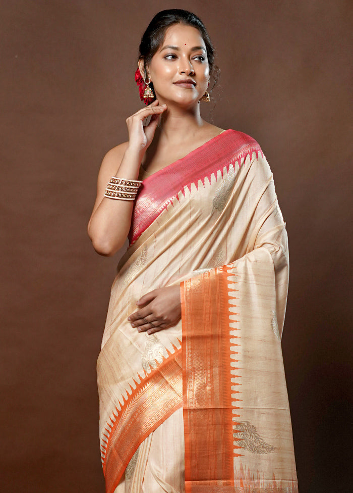 Cream Tussar Silk Saree With Blouse Piece