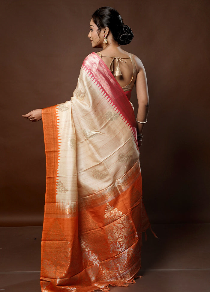 Cream Tussar Silk Saree With Blouse Piece