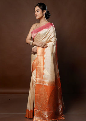 Cream Tussar Silk Saree With Blouse Piece