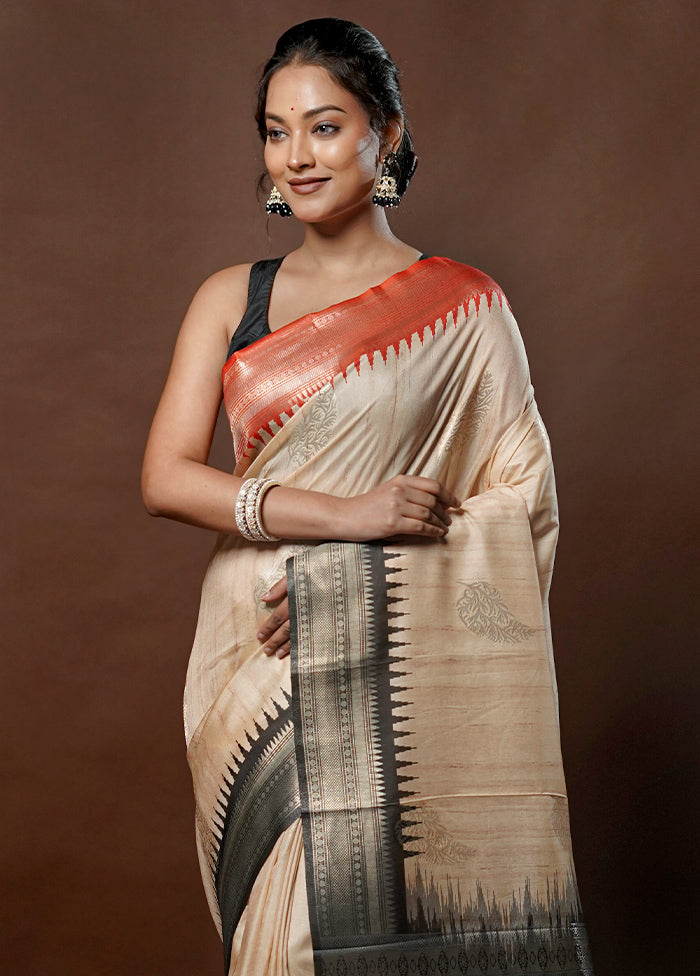 Cream Tussar Silk Saree With Blouse Piece