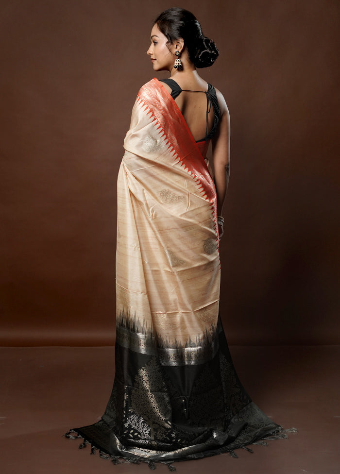 Cream Tussar Silk Saree With Blouse Piece