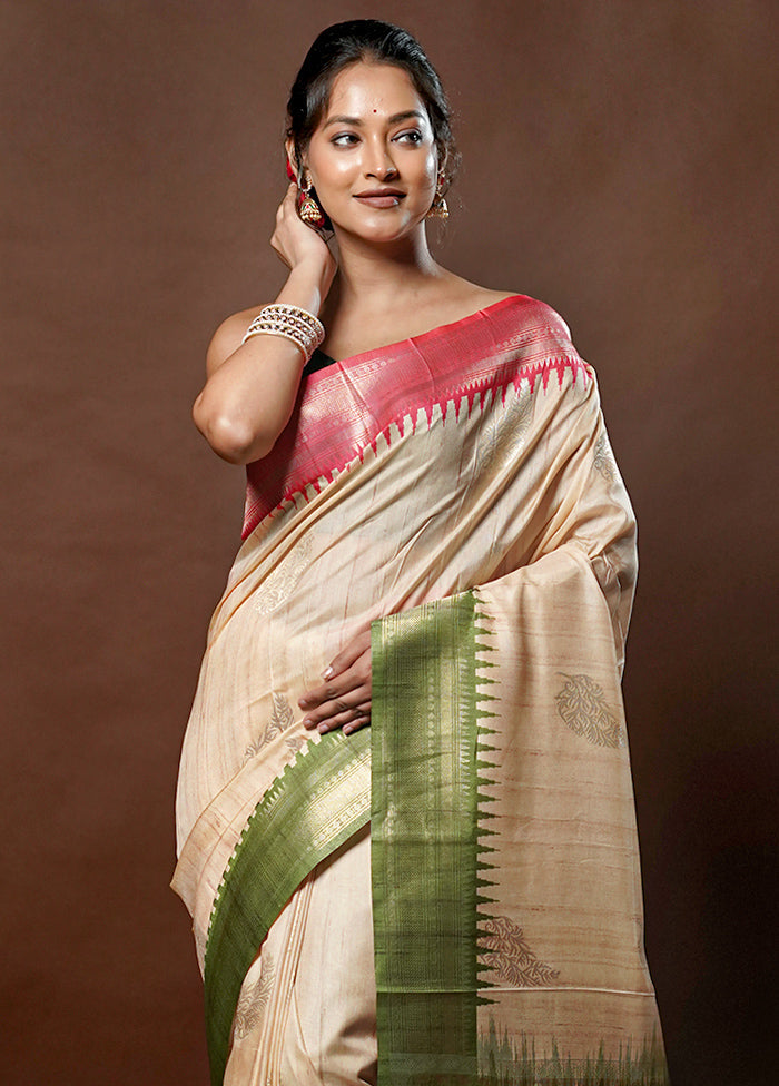 Cream Tussar Silk Saree With Blouse Piece - Indian Silk House Agencies