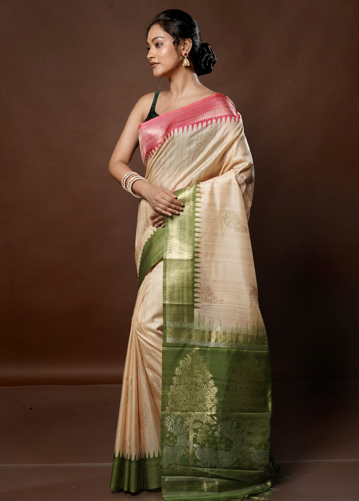 Cream Tussar Silk Saree With Blouse Piece - Indian Silk House Agencies