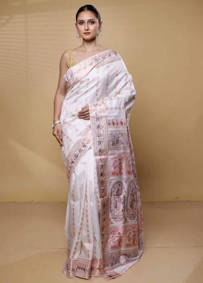 White Handloom Baluchari Pure Silk Saree With Blouse Piece