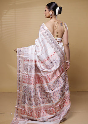 White Handloom Baluchari Pure Silk Saree With Blouse Piece