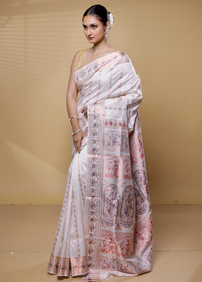 White Handloom Baluchari Pure Silk Saree With Blouse Piece