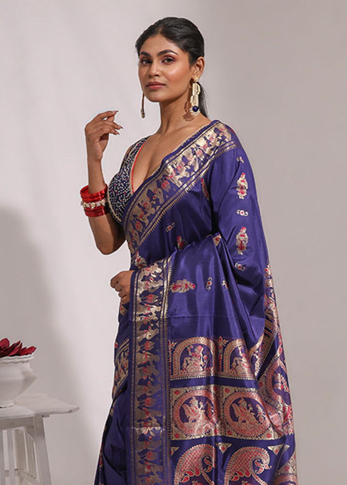 Blue Handloom Baluchari Pure Silk Saree With Blouse Piece