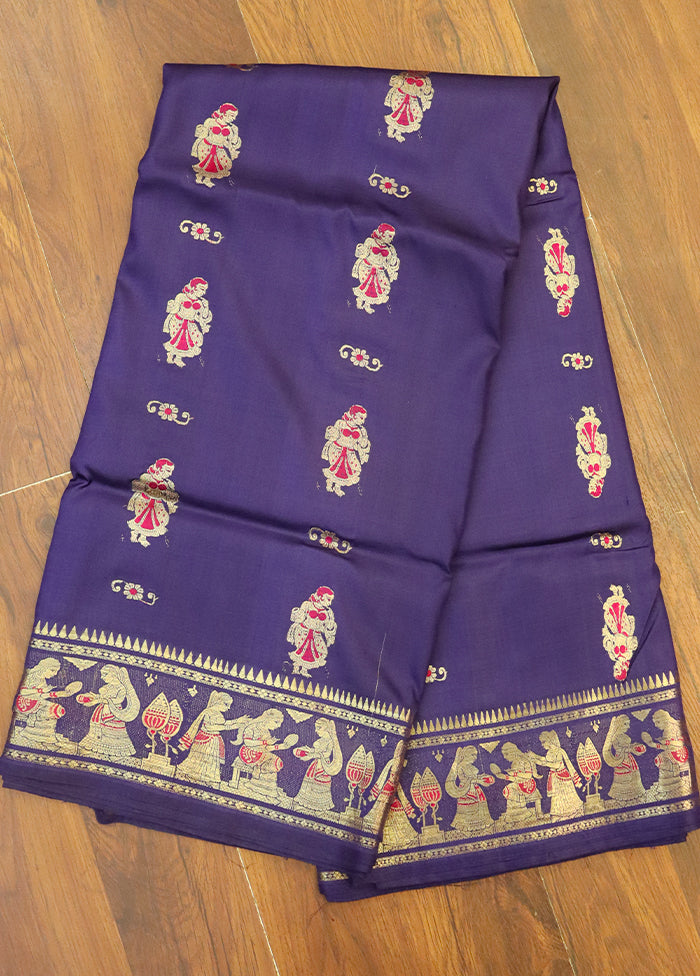 Purple Handloom Baluchari Pure Silk Saree With Blouse Piece