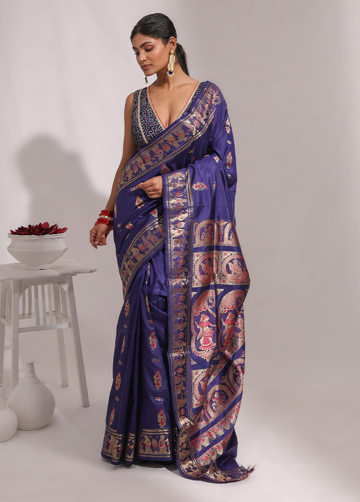 Blue Handloom Baluchari Pure Silk Saree With Blouse Piece