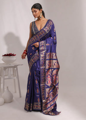 Blue Handloom Baluchari Pure Silk Saree With Blouse Piece