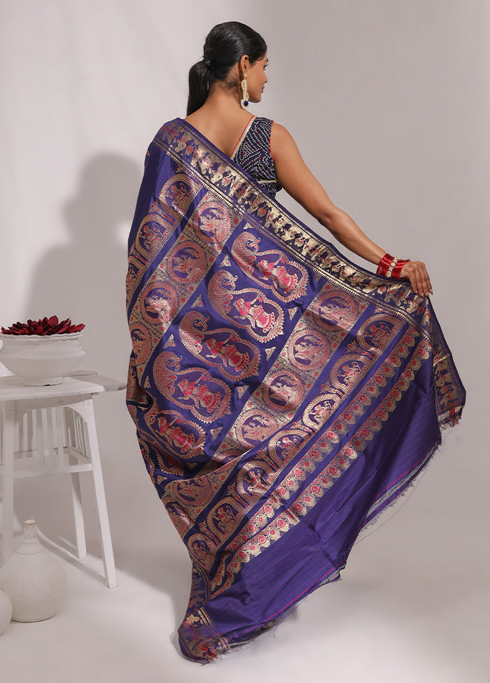Blue Handloom Baluchari Pure Silk Saree With Blouse Piece