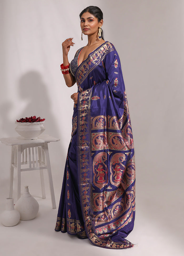 Blue Handloom Baluchari Pure Silk Saree With Blouse Piece