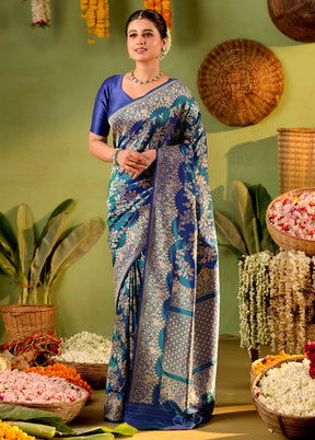 Blue Handloom Katan Pure Silk Saree With Blouse Piece