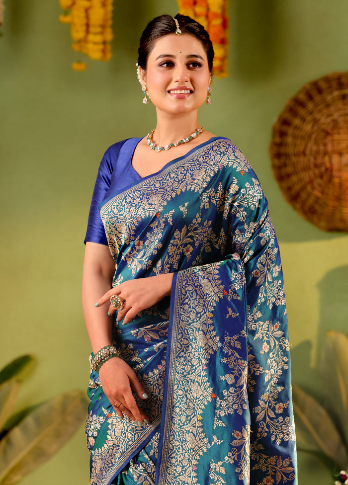 Blue Handloom Katan Pure Silk Saree With Blouse Piece