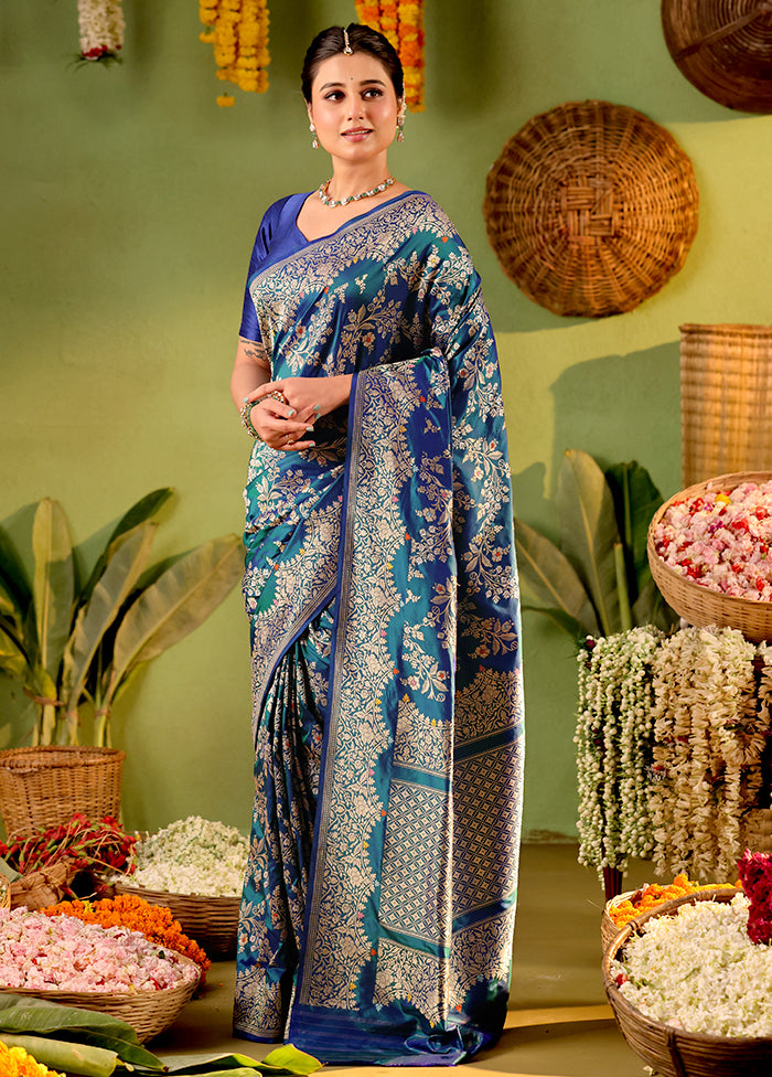 Blue Handloom Katan Pure Silk Saree With Blouse Piece