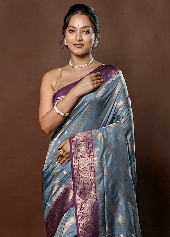 Grey Dupion Silk Saree With Blouse Piece