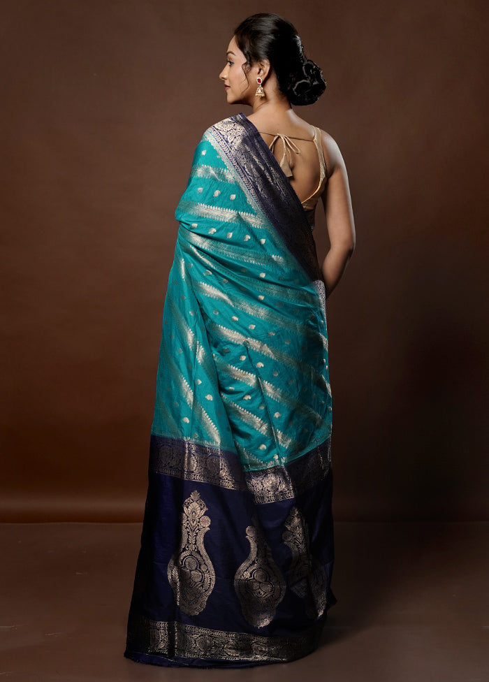 Blue Dupion Silk Saree With Blouse Piece