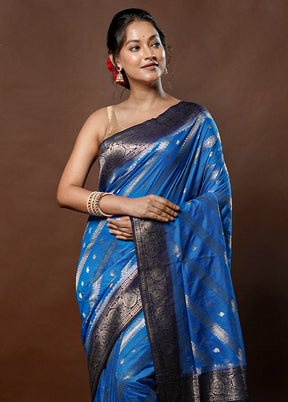 Blue Dupion Silk Saree With Blouse Piece