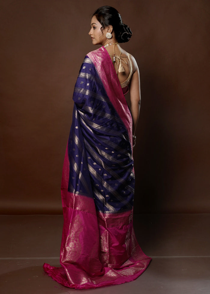 Blue Dupion Silk Saree With Blouse Piece