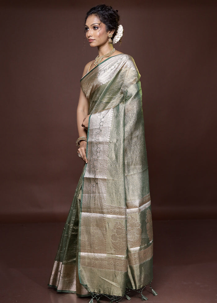 Green Crushed Tissue Silk Saree With Blouse Piece