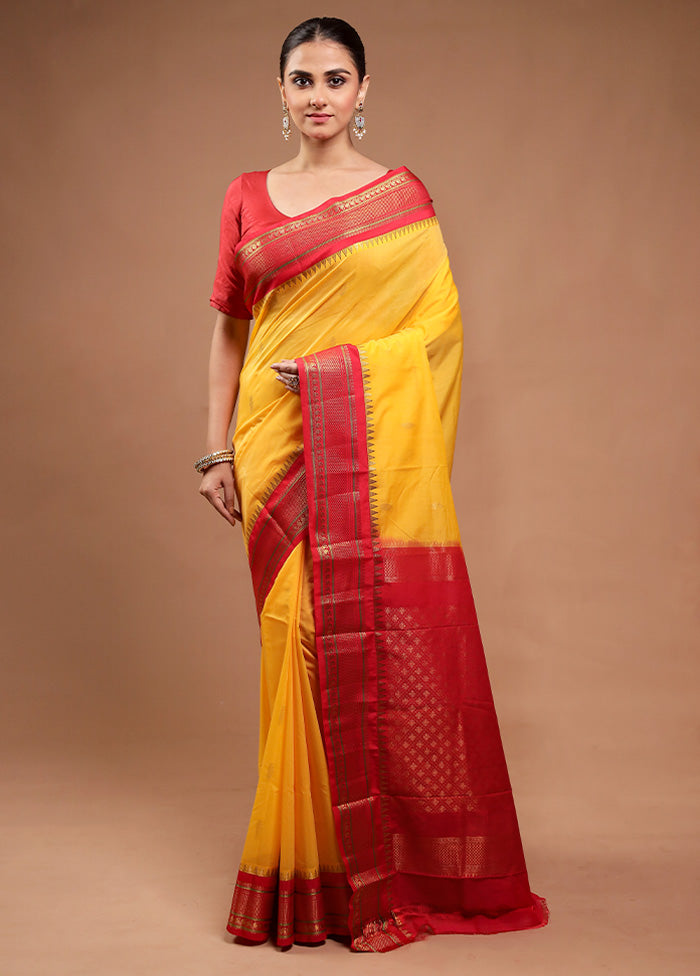 Yellow Gadwal Silk Saree Without Blouse Piece