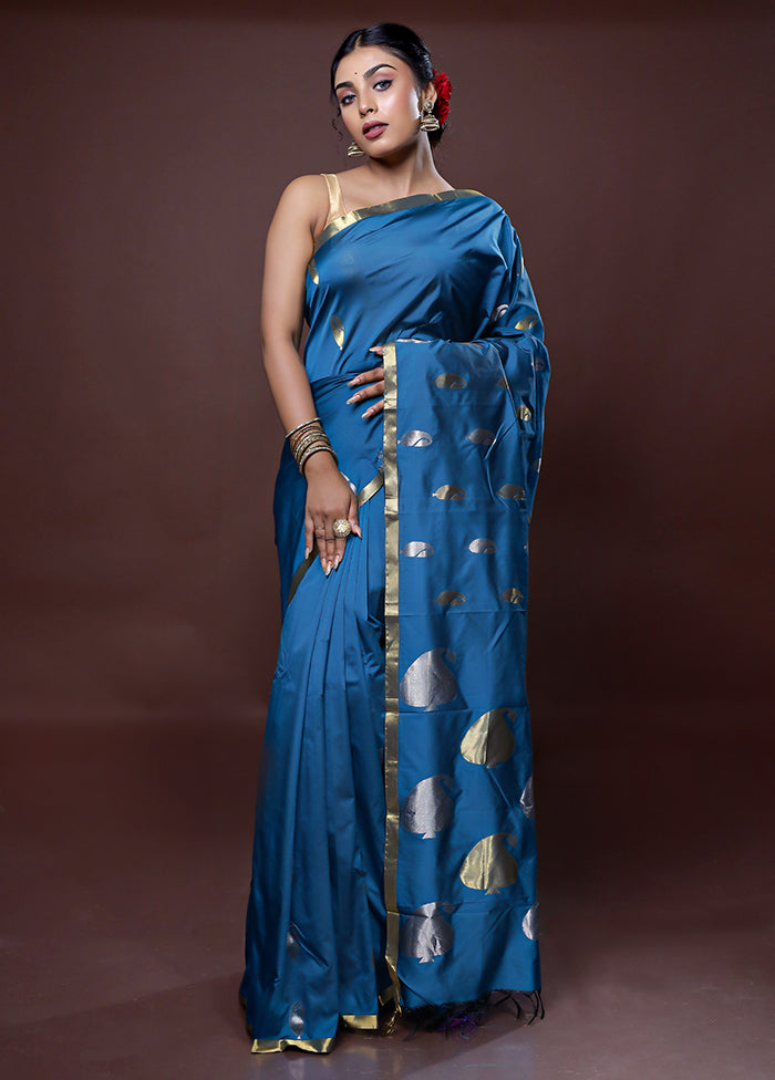 Blue Kanjivaram Silk Saree With Blouse Piece