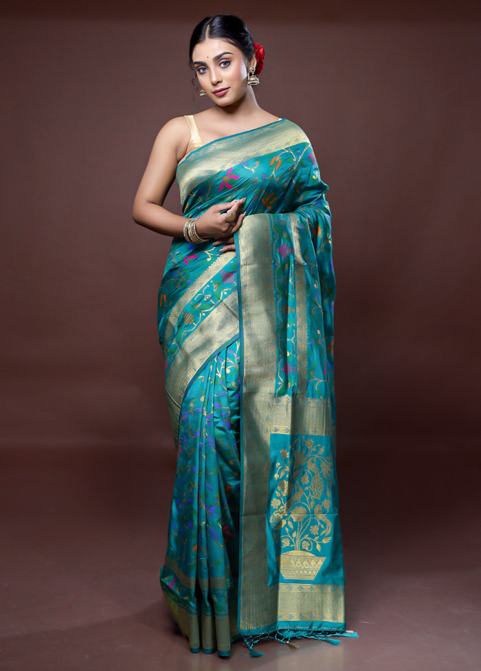 Blue Dupion Silk Saree With Blouse Piece