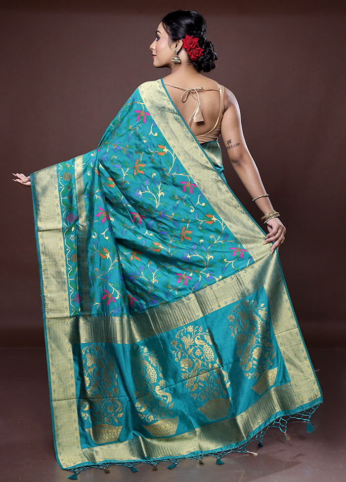 Blue Dupion Silk Saree With Blouse Piece