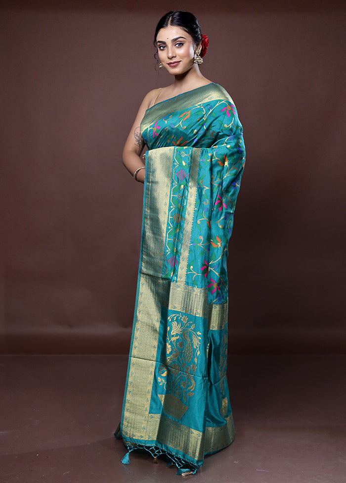 Blue Dupion Silk Saree With Blouse Piece