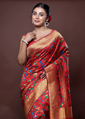 Red Dupion Silk Saree With Blouse Piece