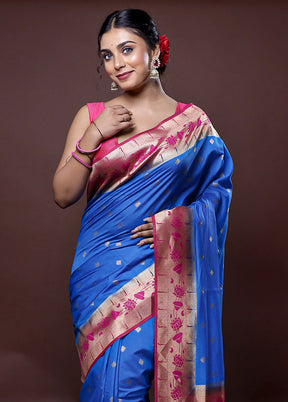 Blue Dupion Silk Saree With Blouse Piece