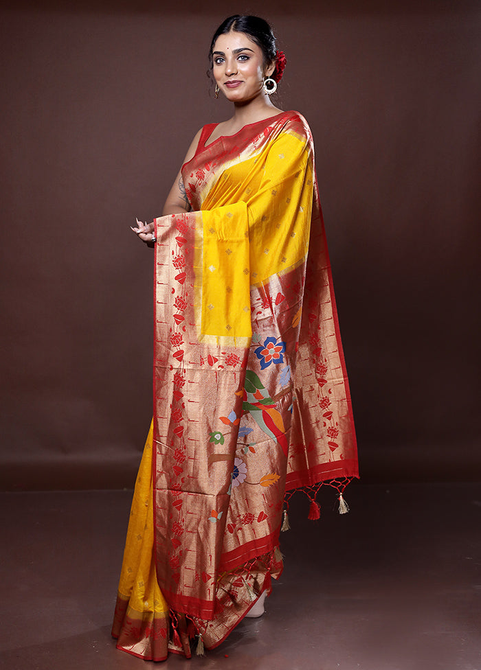 Yellow Dupion Silk Saree With Blouse Piece