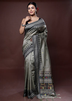 Grey Dupion Silk Saree With Blouse Piece